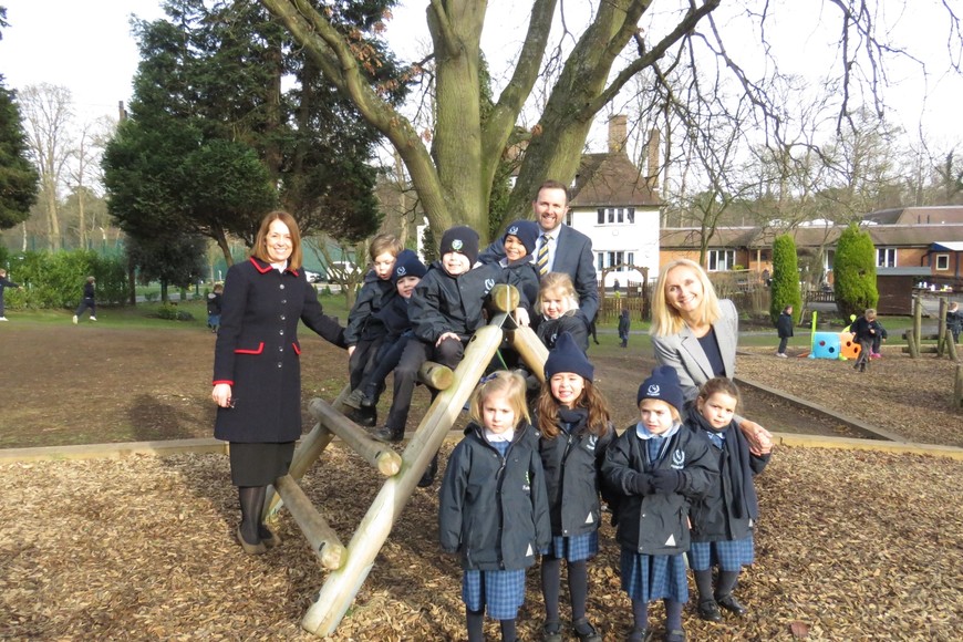 Headmistress Shelley Lance (L), Deputy Head Ewan Carradine and Head of Pre Prep Amanda Burton Smith (R) with pupils from Feltonfleet Pre Prep