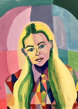 Venetia S art scholar Year 8 self portrait acrylic on canvas